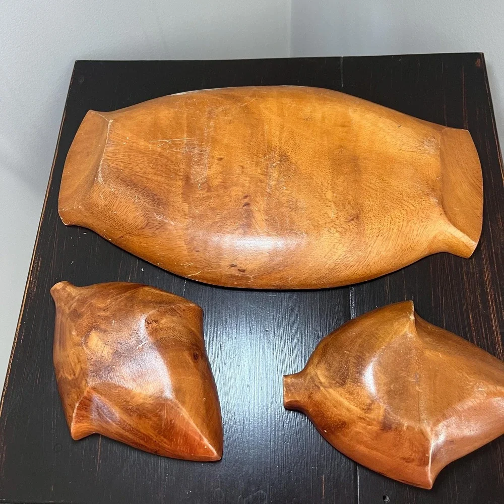 VTG Hand Carved Monkey Pod Wood Divided Serving Tray with 2 Leaf Snack Bowls mcm